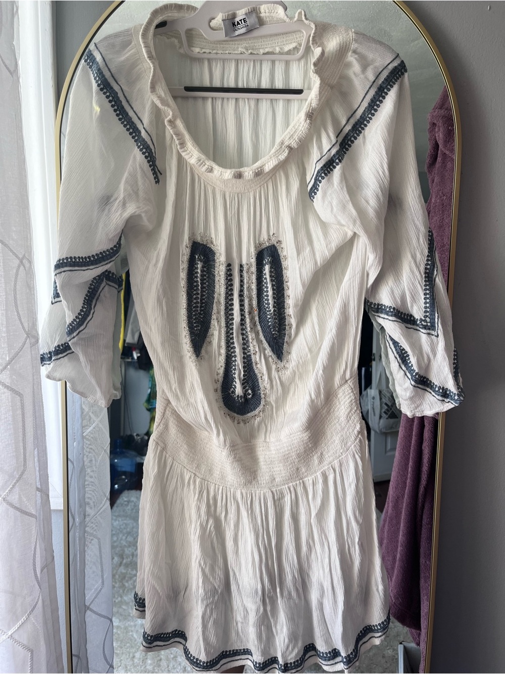 Kate by L’Altramoda White Embroidered Boho midi Dress with Navy Accents